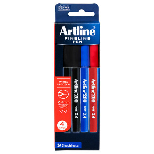 Artline 200 Fineliner Pen 0.4mm Assorted Colours Pack of 4