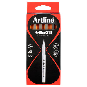 Artline 210 Fineline Pen box with orange pens visible in the front window