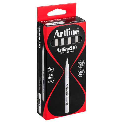Artline 210 Fineliner Pen 0.6mm Grey Box of 12