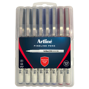 Clear Artline hard case of 8 Artline 210 fineliners with a FINELINE PENS card and a PROTECTIVE ARTLINE CASE shield
