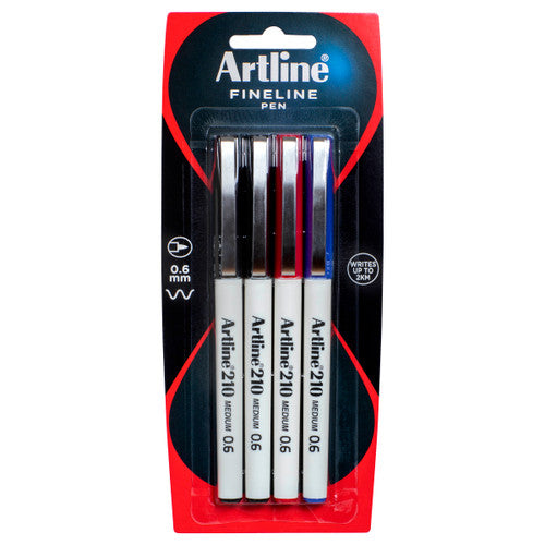 Artline 210 Fineliner Pen 0.6mm Assorted Colours Hangsell Pack of 4