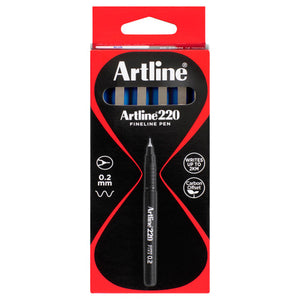 Front of an Artline 220 FINELINE PEN box of blue pens with 0.2 mm and WRITES UP TO 2KM badges