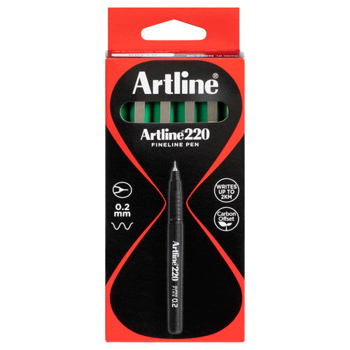 Artline 220 Fineliner Pen 0.2mm Green Box of 12