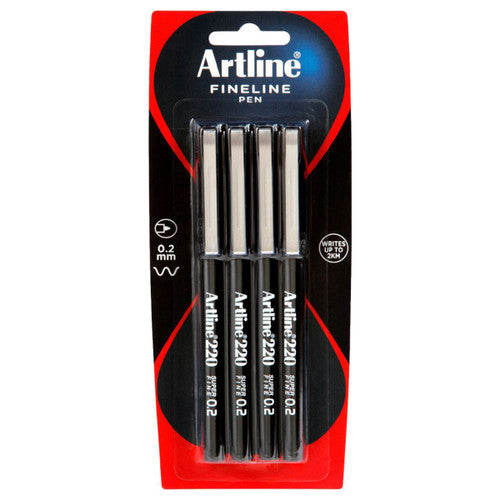 Artline 220 Fineliner Pen 0.2mm Black Hangsell Pack of 4