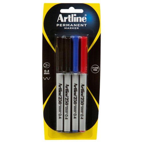 Artline 250 Permanent Marker 0.4mm Assorted Pack of 4