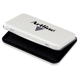 Artline EHJ-2 No.0 stamp pad with the white lid open over a black inked pad