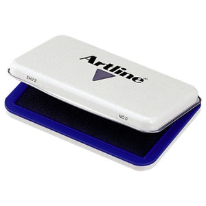 Artline EHJ-2 No.0 stamp pad with the white lid open over a pad in a blue base