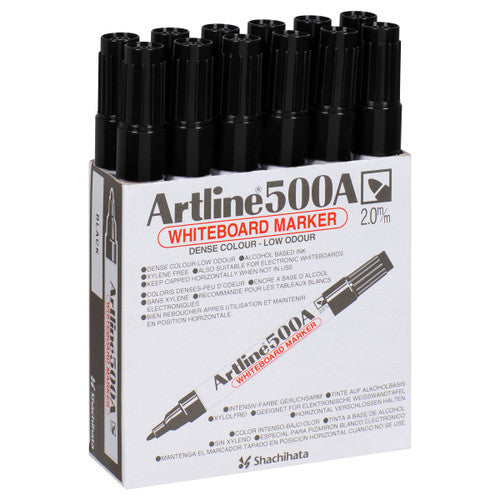 Artline 500A Whiteboard Marker 2mm Bullet Black Box of 12