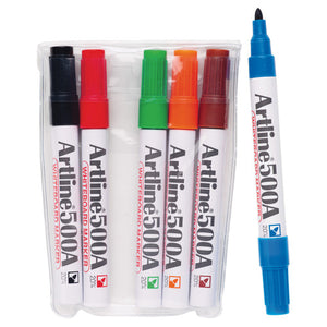 Artline 500A assorted whiteboard markers in a wallet of six, one marker standing beside it