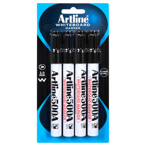 Artline 500A Whiteboard Marker 2mm Bullet Hangsell Black Pack of 4