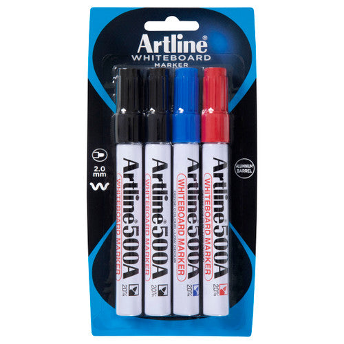 Artline 500A Whiteboard Marker 2mm Bullet Hangsell Assorted Pack of 4