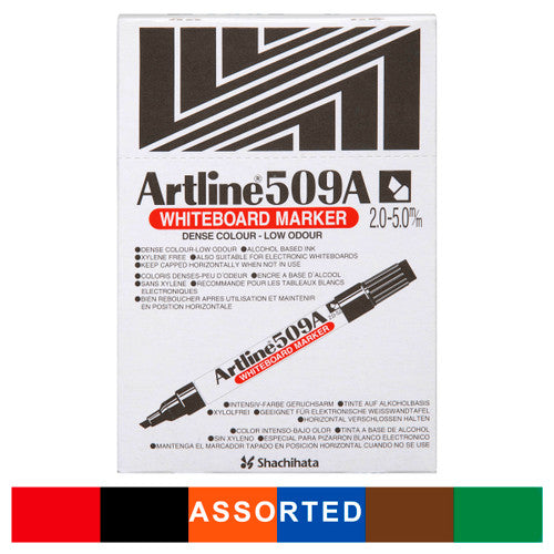 Artline 509A Whiteboard Marker 5mm Chisel Nib Assorted Colours Box of 12