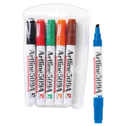 Artline 509A Whiteboard Marker 5mm Chisel Nib Assorted Colours Wallet of 6