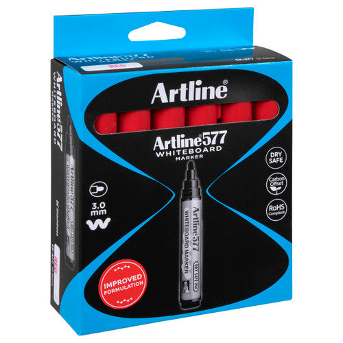 Artline 577 Whiteboard Marker 3mm Bullet Nib Red Box of 12