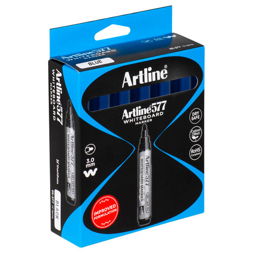 Artline 577 Whiteboard Marker 3mm Bullet Nib Blue Box of 12