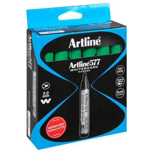 Artline 577 Whiteboard Marker 3mm Bullet Nib Green Box of 12