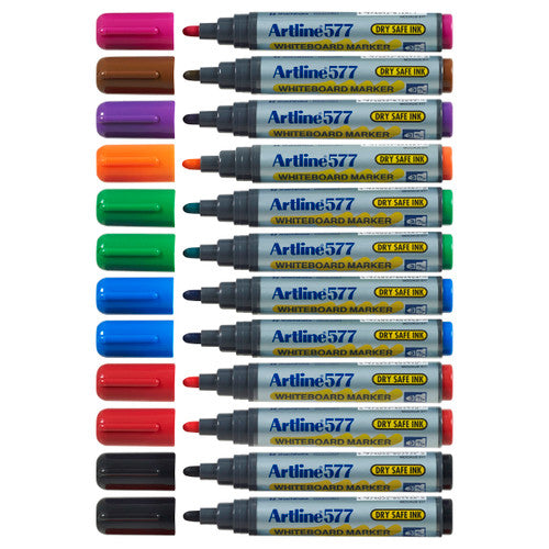 Artline 577 Whiteboard Marker 3mm Bullet Nib Assorted Colours Box of 12