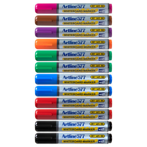 Artline 577 Whiteboard Marker 3mm Bullet Nib Assorted Colours Box of 12