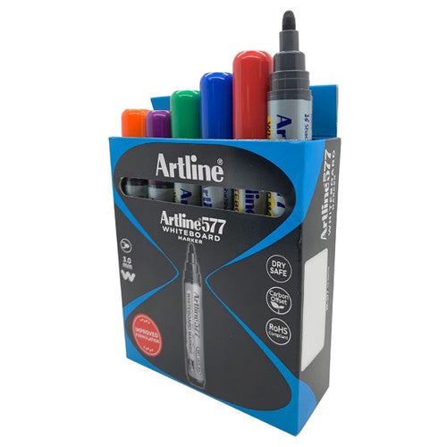 Artline 577 Whiteboard Marker 3mm Bullet Nib Assorted Colours Box of 12