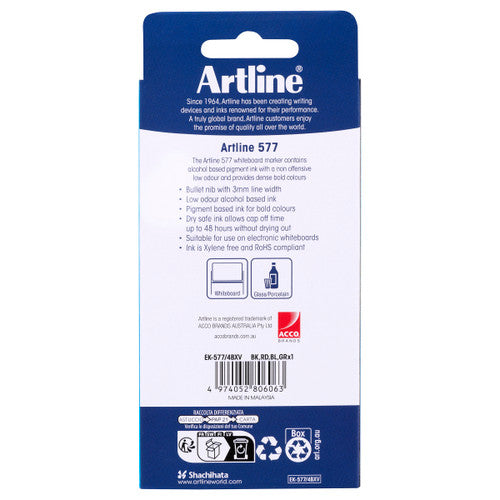 Artline 577 Whiteboard Marker 3mm Bullet Assorted Wallet of 4