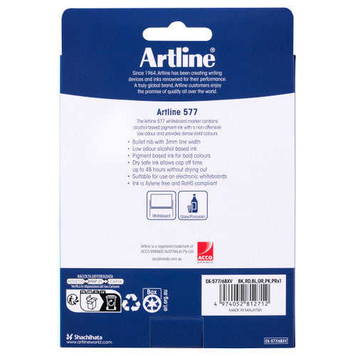 Artline 577 Whiteboard Marker 3mm Bullet Assorted Wallet of 6