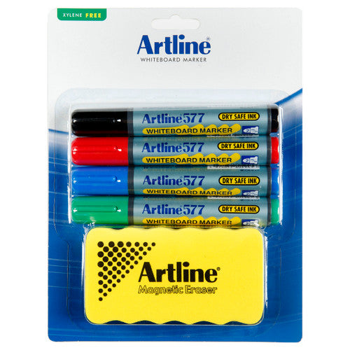 Artline 577 Whiteboard Starter Kit Magnetic Eraser & Assorted Markers Hangsell