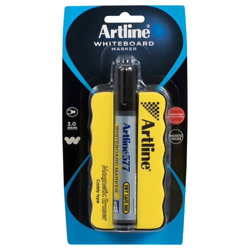 Artline 577 Whiteboard Magnetic Eraser and Marker Kit Black
