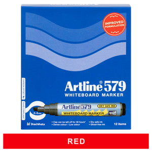 Artline 579 whiteboard marker red, box of 12 code 157902: box front with a colour band reading RED