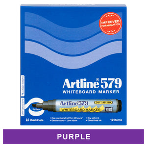 Artline 579 whiteboard marker purple, box of 12 code 157906: box front with a colour band reading PURPLE