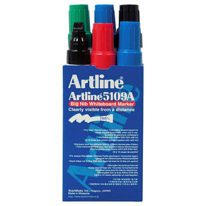 Open box of Artline 5109A Big Nib whiteboard markers with mixed cap colours, box front printed Clearly visible from a distance