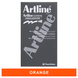 Front of a grey Artline Supreme Highlighter box over a colour band labelled Orange