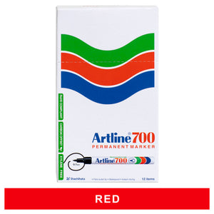 Artline 700 red permanent markers, box of 12, front panel with a red colour band below