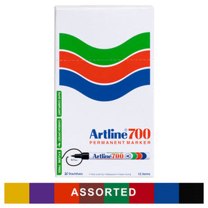 Artline 700 assorted permanent markers, box of 12, front panel with a multicolour band below