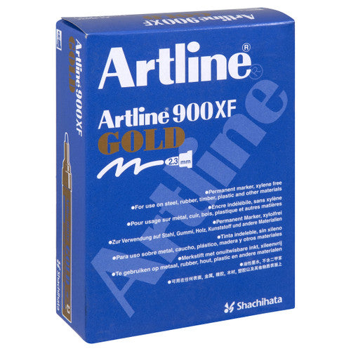 Artline 900 metallic gold marker close up showing reflective embossed finish on dark card