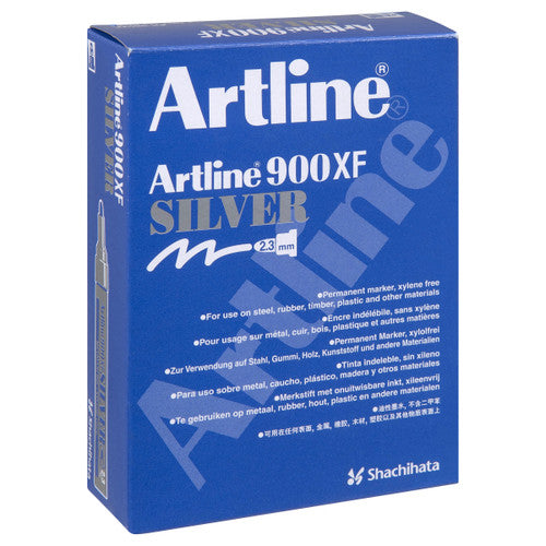 Artline 900 metallic silver marker close up showing reflective embossed finish on dark card
