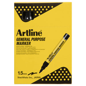 Front of a box of black Artline General Purpose Markers printed 1.5mm, caps showing through the window