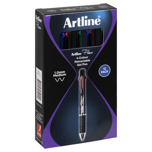 Artline Flow 4 Colour Retractable Ballpoint Pen Charcoal Box of 12