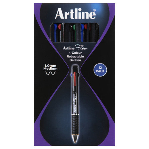 Artline Flow 4 Colour Retractable Ballpoint Pen Charcoal Box of 12
