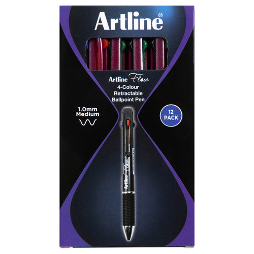 Artline Flow 4 Colour Retractable Ballpoint Pen Burgundy Box of 12