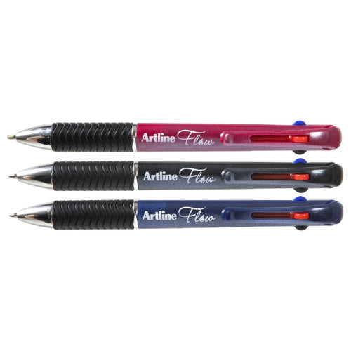 Artline Flow 4 Colour Retractable Ballpoint Pen 3 Pack Assorted Pack of 6