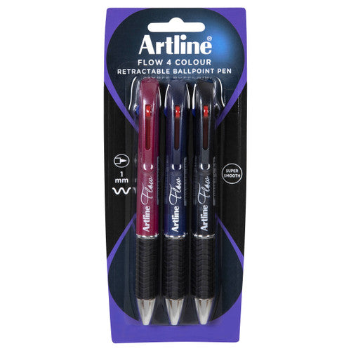 Artline Flow 4 Colour Retractable Ballpoint Pen 3 Pack Assorted Pack of 6