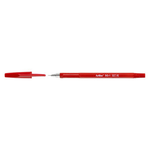 Artline SG-1 needle tip pen in red with its cap removed and laid beside it