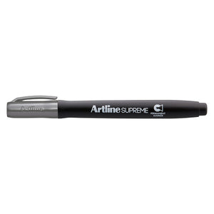 Artline Supreme permanent marker with a grey cap, side view showing the barrel print and chisel nib icon