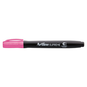 Artline Supreme permanent marker with a pink cap, side view showing the barrel print and chisel nib icon