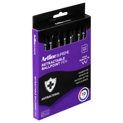 Artline Supreme Retractable Antibacterial Ballpoint Pen 1.0mm Core Assorted Pack 10