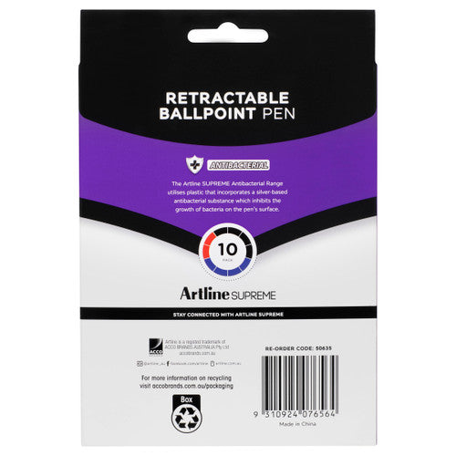 Artline Supreme Retractable Antibacterial Ballpoint Pen 1.0mm Core Assorted Pack 10