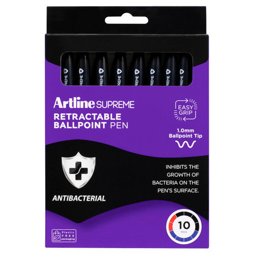 Artline Supreme Retractable Antibacterial Ballpoint Pen 1.0mm Core Assorted Pack 10