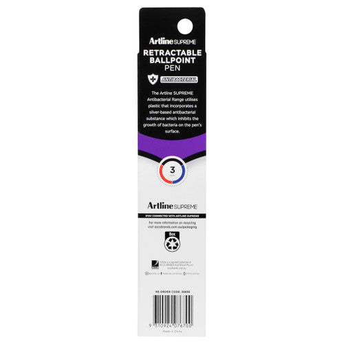 Artline Supreme Retractable Antibacterial Ballpoint Pen 1.0mm Core Assorted Pack 3 Box of 12