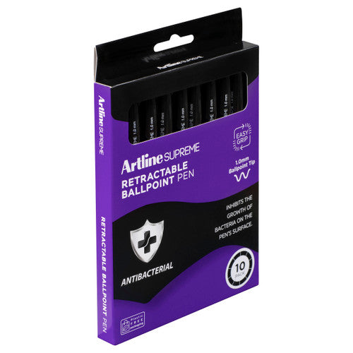 Artline Supreme Retractable Antibacterial Ballpoint Pen 1.0mm Core Black Pack 10