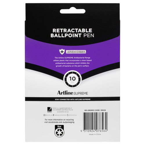 Artline Supreme Retractable Antibacterial Ballpoint Pen 1.0mm Core Black Pack 10